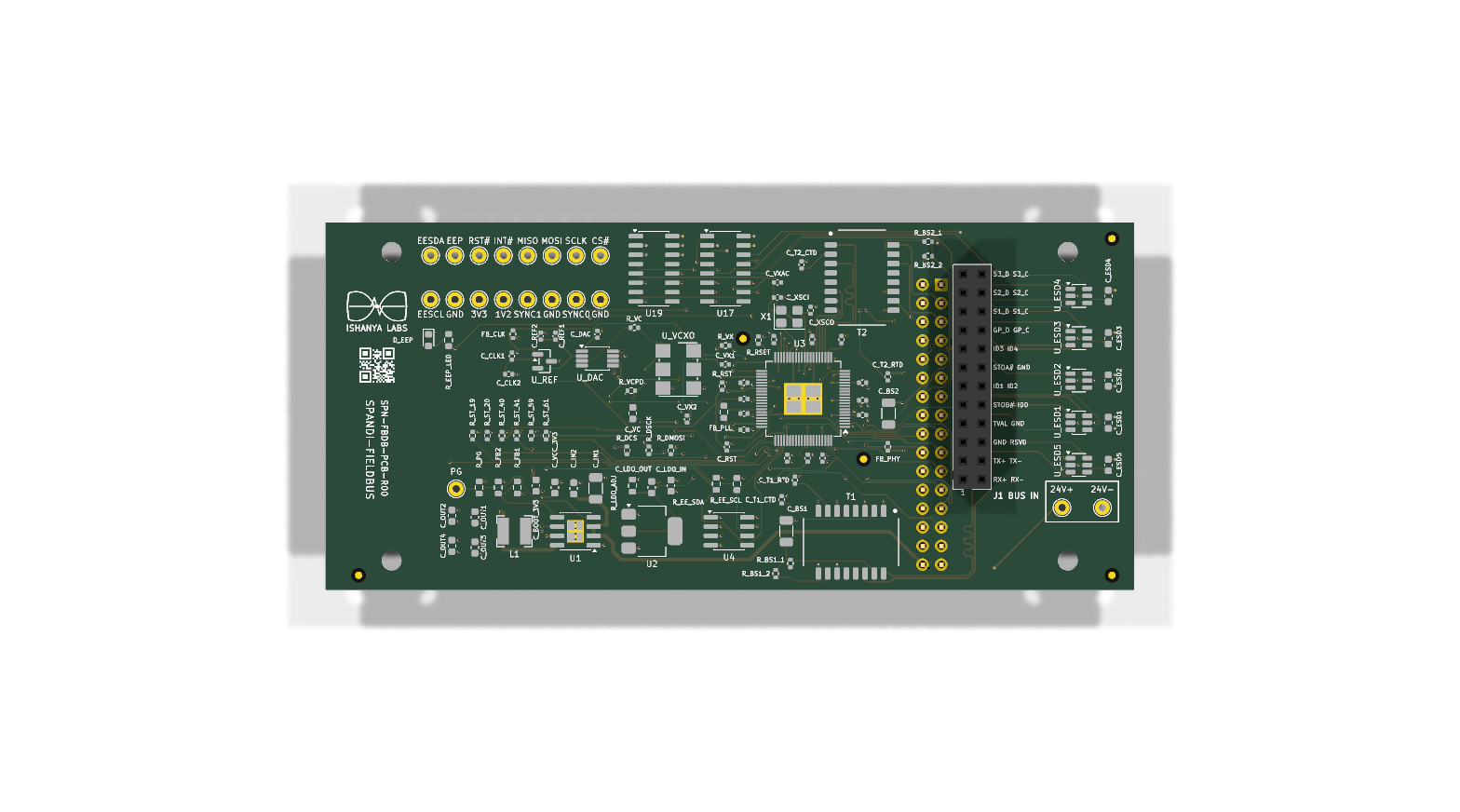 3D PCB rendering of the Spandi Fieldbus Daughterboard, designed to stack onto an expansion module, under development